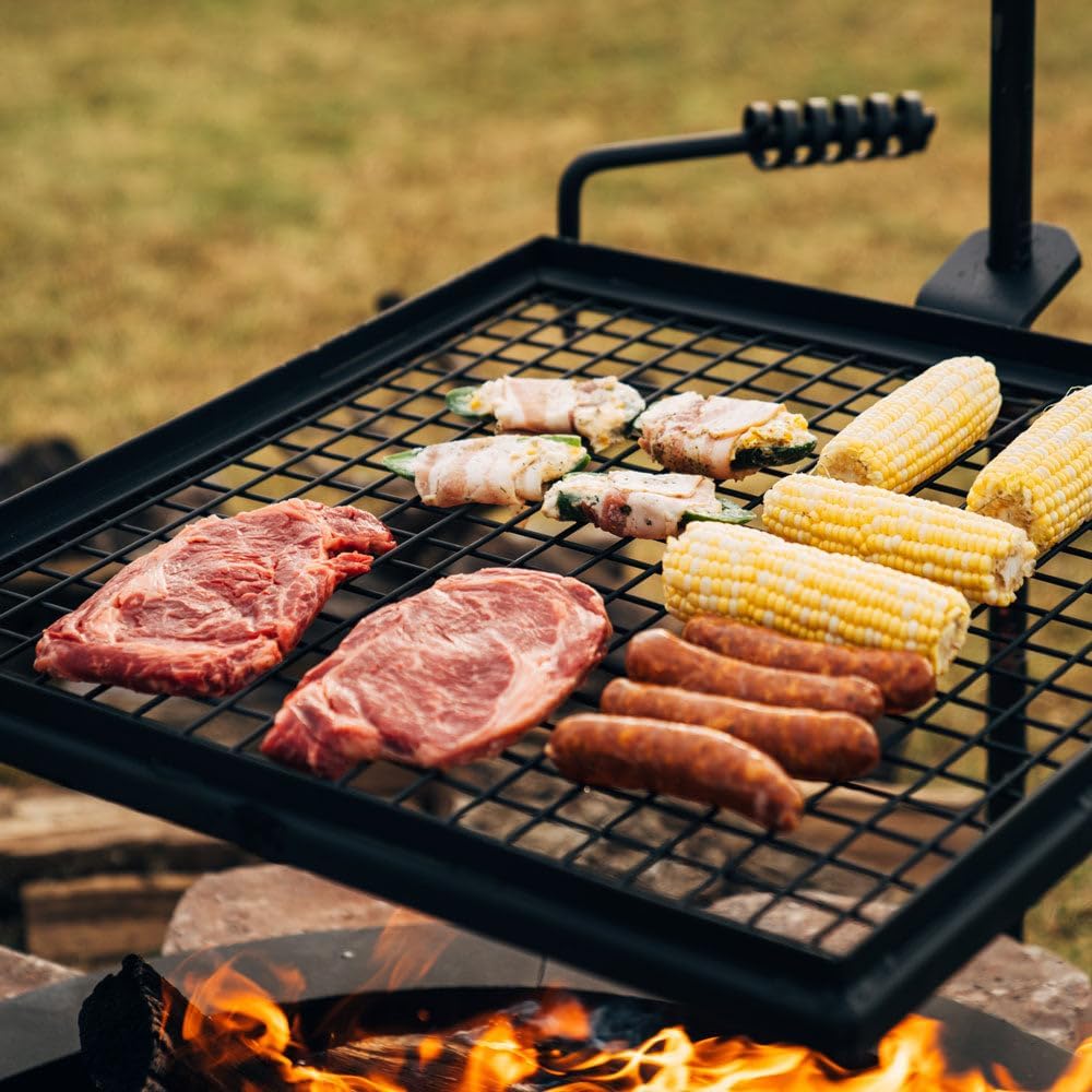 TITAN GREAT OUTDOORS Ash & Ember Adjustable Swivel Grill, Steel Mesh Wire Cooking Grate with Spike Pole, Open Fire Portable BBQ Camping Gear
