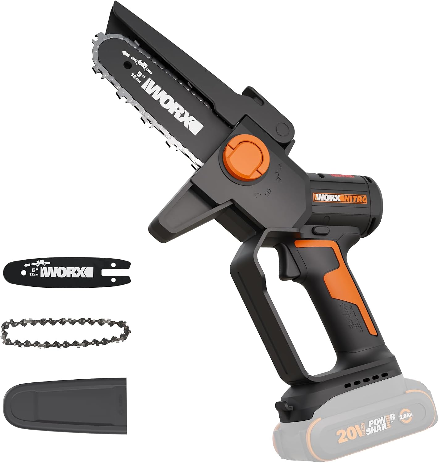 Worx 20V Cordless 5' Pruning Saw, Brushless Mini Chainsaw Cordless, Lightweight Electric Chainsaw 33 ft/s, Handheld Battery Chainsaw w/Tool-Less Chain Replacement Power Share WG325.9 – Tool Only