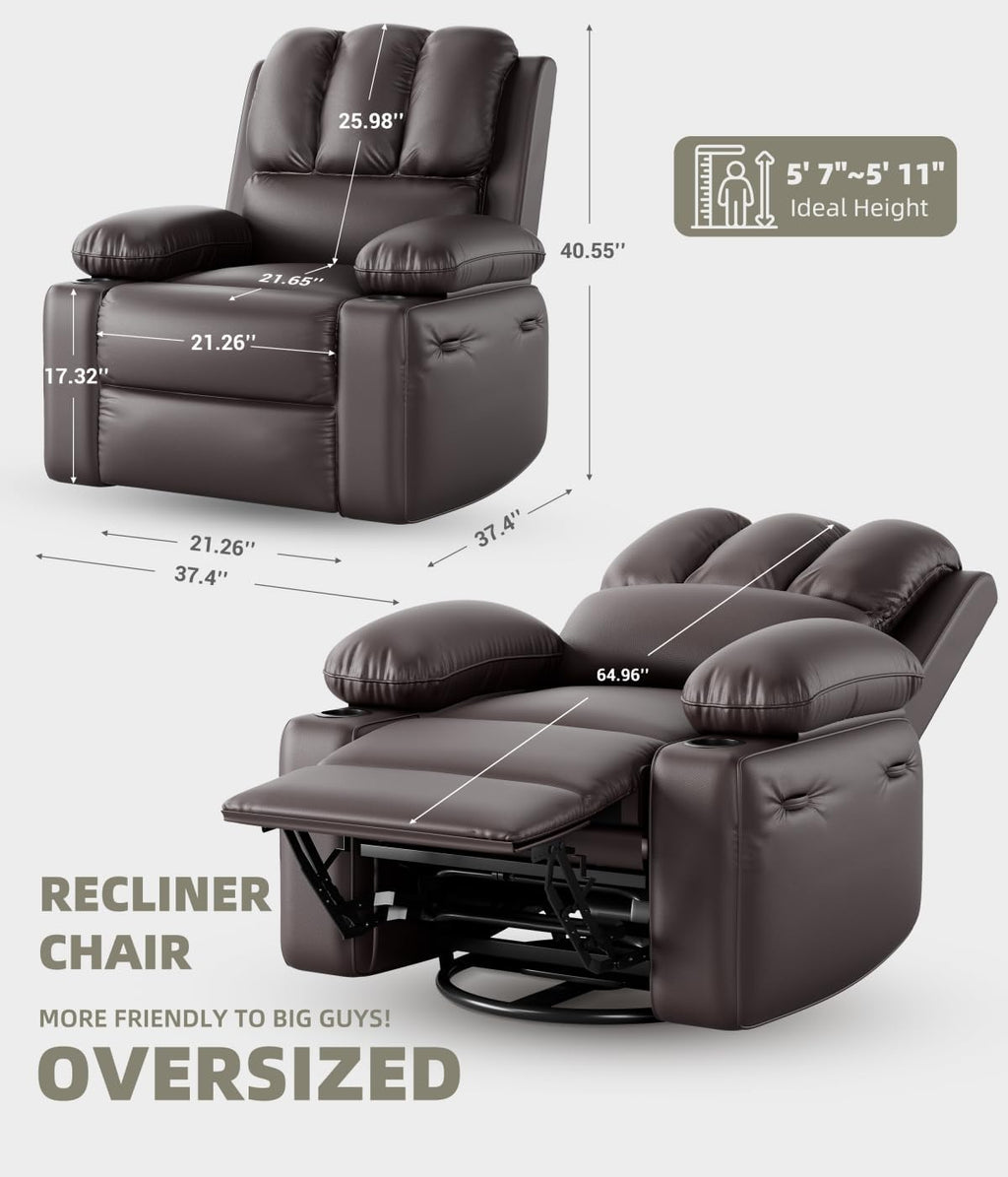 GarveeHome Oversized Power Recliner Chair with Heat and Massage - 360° Swivel Faux Leather Rocking Chair for Adults with Cup Holder for Living Rooms, Bedrooms, and Nurseries - Brown