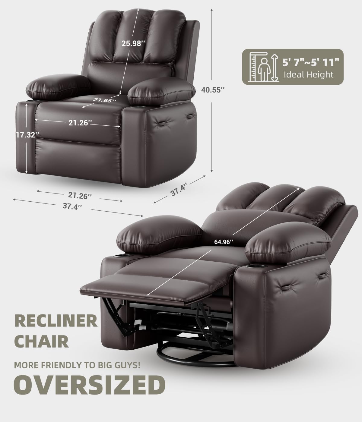 GarveeHome Oversized Power Recliner Chair with Heat and Massage - 360° Swivel Faux Leather Rocking Chair for Adults with Cup Holder for Living Rooms, Bedrooms, and Nurseries - Brown