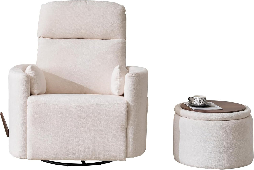 Oversized Swivel Rocker Recliner Chair with Storage Ottoman, Manual Swivel Glider Rocker Recliner with Massage and Heat, Rocking Nursery Chair with 2 Bolster Pillows, Adjustable Headrest, White