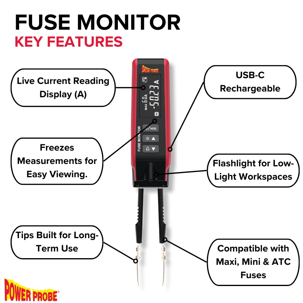 Power Probe PPFUSE Fuse Monitor - Circuit Tester for Mini, Maxi & ATC Fuses – Live Current Readings Up to 80A – Replaceable Tips, and Built-in Flashlight