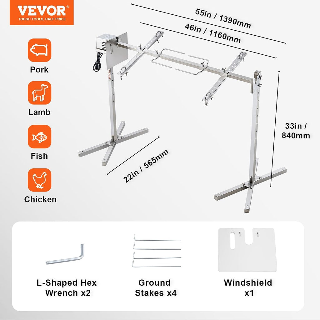 VEVOR Electric BBQ Rotisserie Grill Kit, 50 Inch 132 lbs Capacity, Automatic 52W Motor Height Adjustable Universal Roaster Stand, Stainless Steel Grilling Kit, Spit Rod with Heat Shield for Pig Lamb