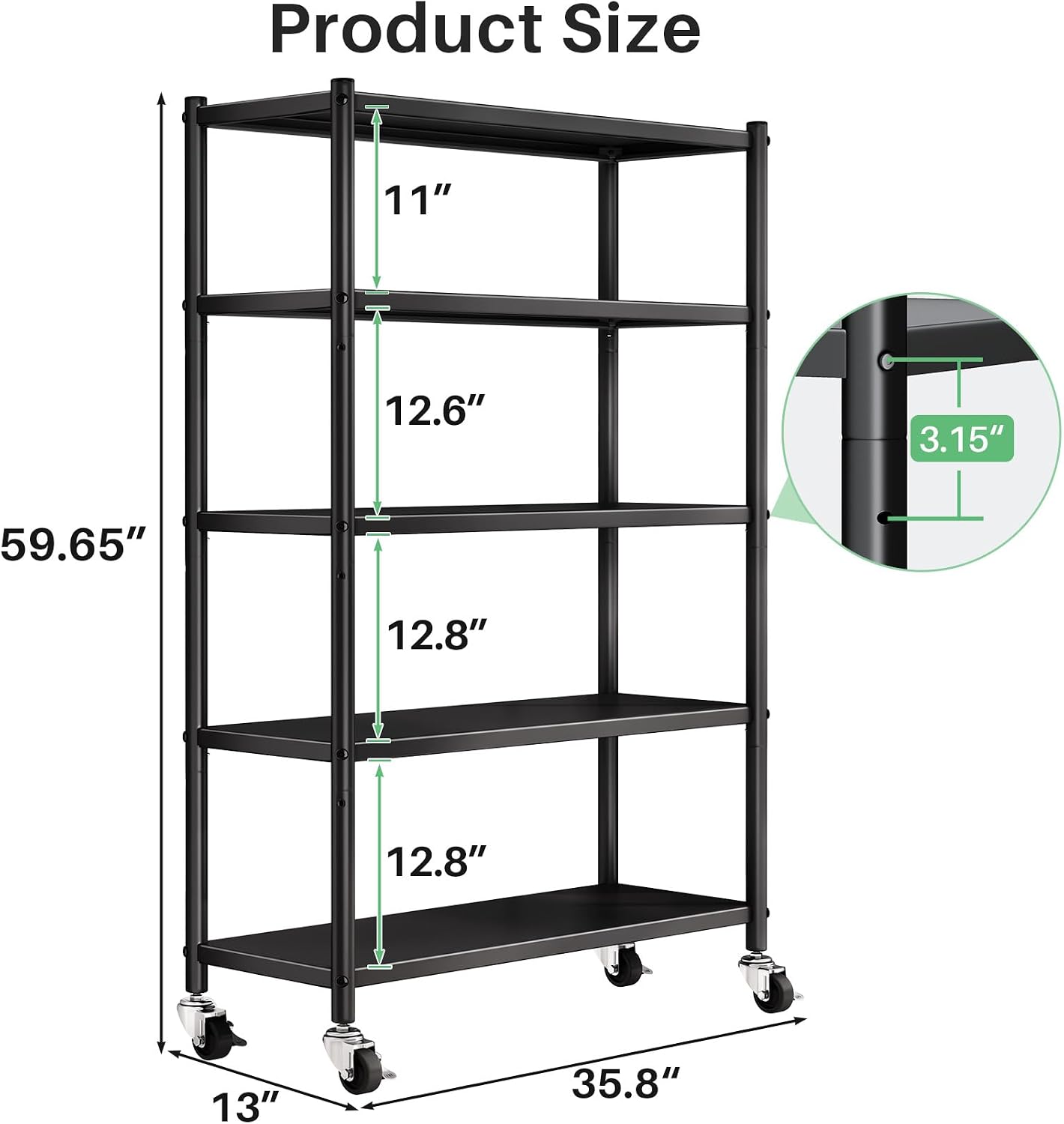 PXRACK Metal Shelving for Storage, 5 Tier Adjustable Kitchen Storage Shelves with Wheels, Shelving Unit Bookshelf Utility Shelf Metal Storage Rack for Garage Pantry Closet Laundry, 35.8'x13'x59.65'
