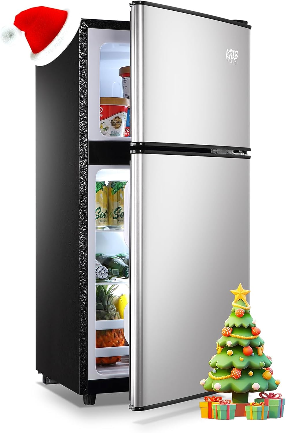 KRIB BLING 3.5 Cu.Ft Refrigerator with Freezer, 2 Doors Fridge with Adjustable Thermostat Control, Refrigerator for Kitchen, Dorm, Apartment, Garage, Office, Silver
