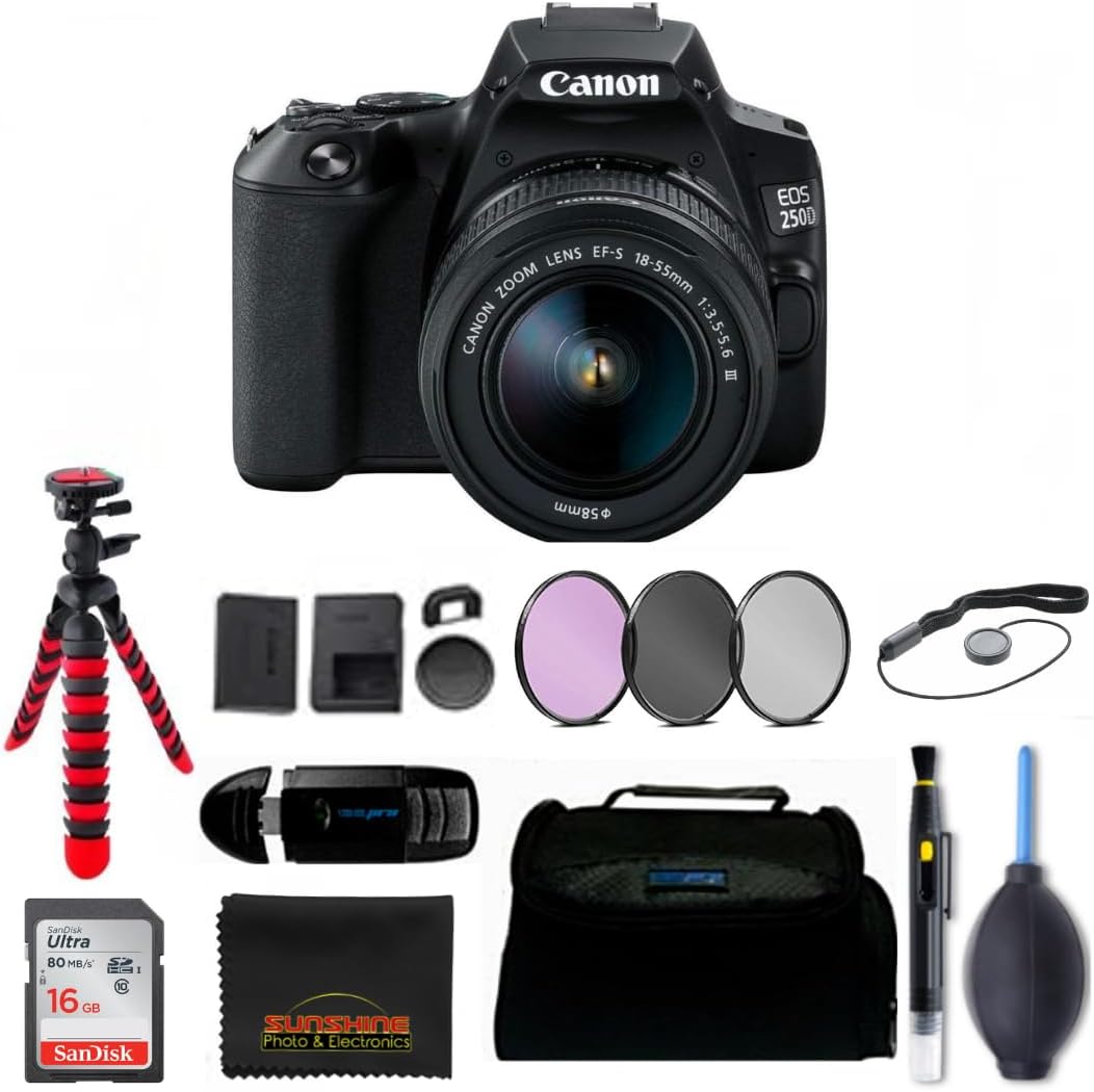 Canon EOS 250D (Rebel SL3) DSLR Camera w/ 18-55m DC Lens (w/Sunshine Photo Deluxe Bundle)