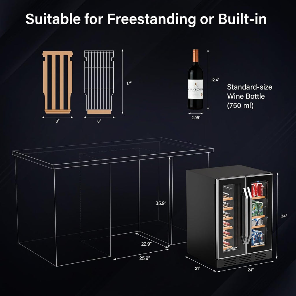 ROVSUN 17 Bottles & 61 Cans Wine and Beverage Refrigerator, Dual Zone Wine Cooler with 37-64°F Temp Control & LED Light, Built-in/Freestanding/Under Counter Wine Fridge for Red Wine, Champagne, Beer