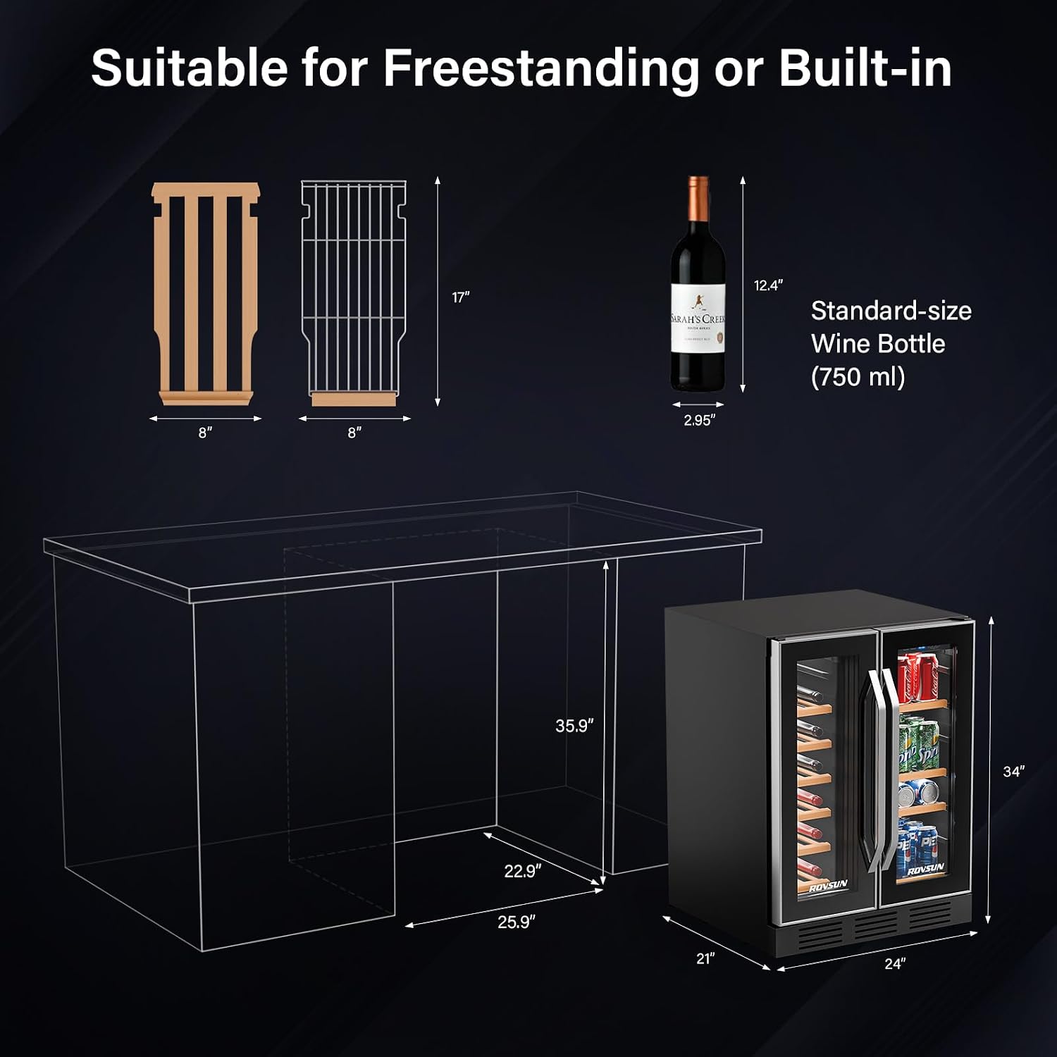 ROVSUN 17 Bottles & 61 Cans Wine and Beverage Refrigerator, Dual Zone Wine Cooler with 37-64°F Temp Control & LED Light, Built-in/Freestanding/Under Counter Wine Fridge for Red Wine, Champagne, Beer