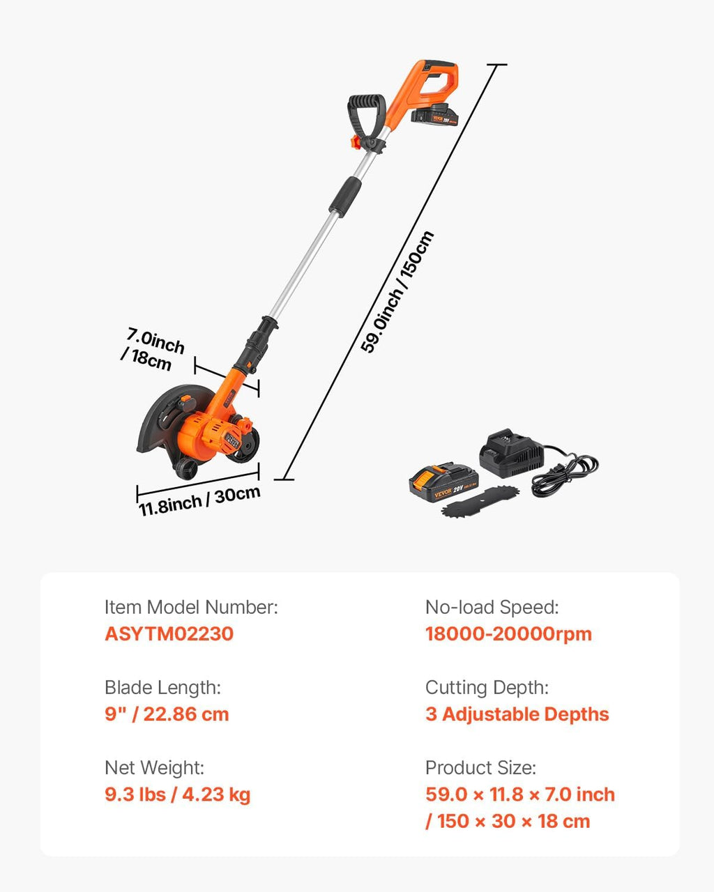 VEVOR Lawn Edger, 9-inch Large Blade, 20 V Battery Powered Cordless Edger Lawn Tool with 3-Position Blade Depth, Adjustable Handle, with Battery and Charger, for Lawns, Driveways, and Sidewalk Edges