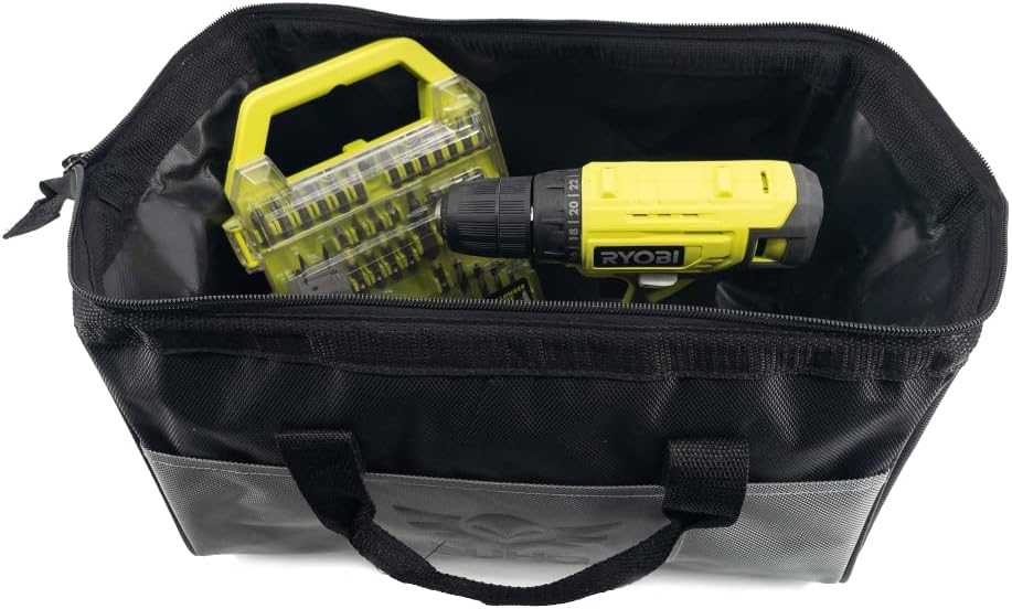 Drill Set Bundle with Ryobi 18V Cordless Drill, 1.5 Ah Lithium-ion Battery, 18-Volt Battery Charger, 40 Piece Multipurpose Drill Bits, and Buho 16 Inch Tool Bag with Outside Pockets