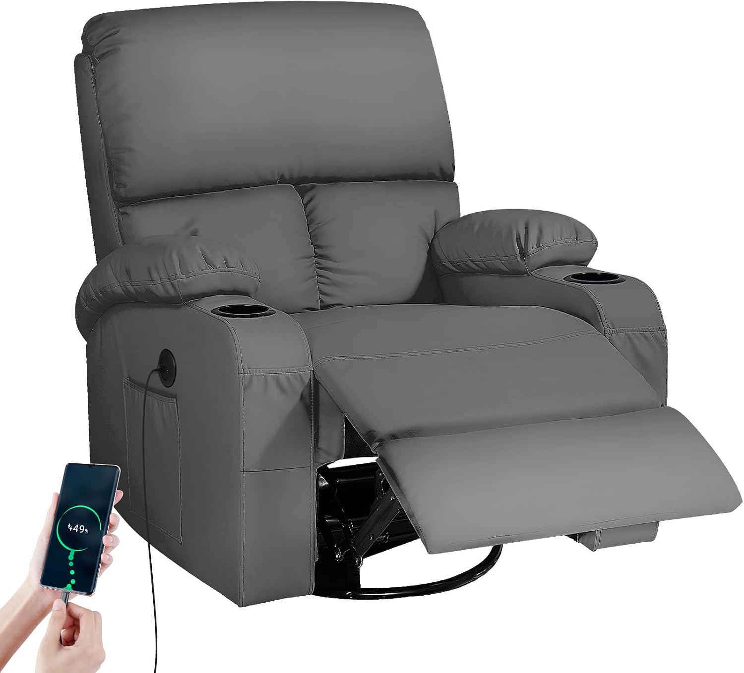 LAFWELL Rocking Recliner Chair, Massage Rocker Recliner Chair with Vibration Massage and Heat, USB and Type-C Ports,360° Swivel Faux Leather Chairs, Living Room, Bedroom, Nursery, RV, Dark Grey