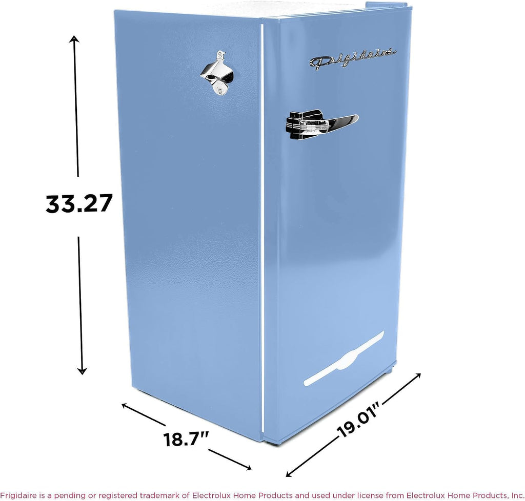 Frigidaire Retro Compact Fridge with Chiller, 3.2 cu ft Countertop Fridge with Built-In Bottle Opener, Compact Refrigerator for Office, Bedroom, Dorm Room or Cabin - 16.5' D x 19' W x 31' H (Blue)