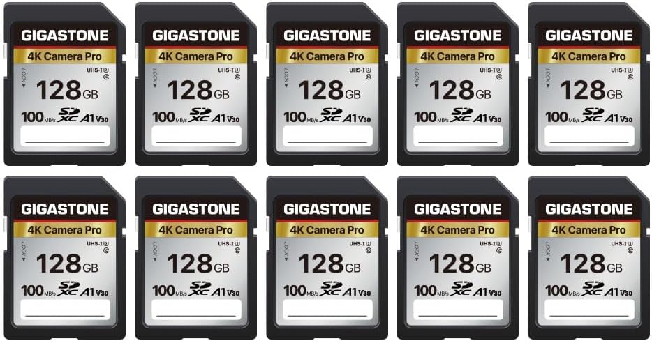 【5-Years Data Recovery】 GIGASTONE 128GB SD Card 10-Pack, 4K Camera Pro, A1 V30 SDXC Memory Card 4K UHD Video Compatible with Canon Digital Camera, with 10 Mini Cases
