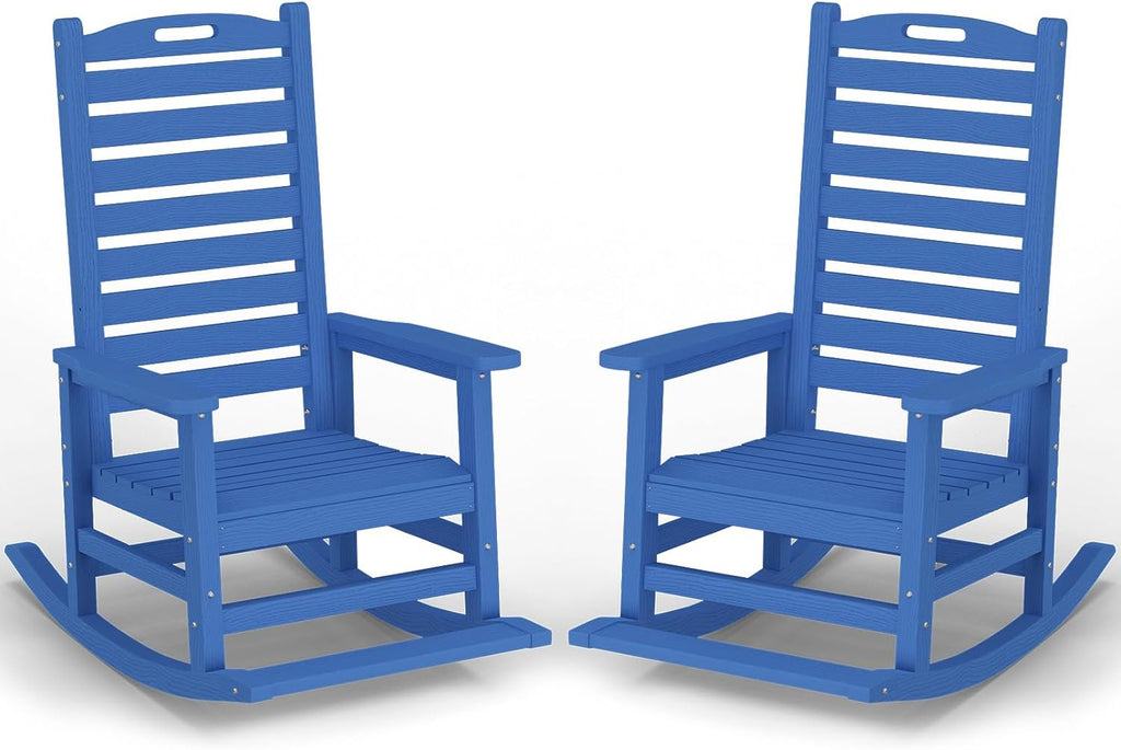 PLUUV Outdoor Rocking Chair Set of 2 with Removable Footboard for Adults, HDPE High Back Patio Rocking Chairs, 330lbs All Weather Porch Rocking Chairs for Outdoor & Indoor -Navy Blue
