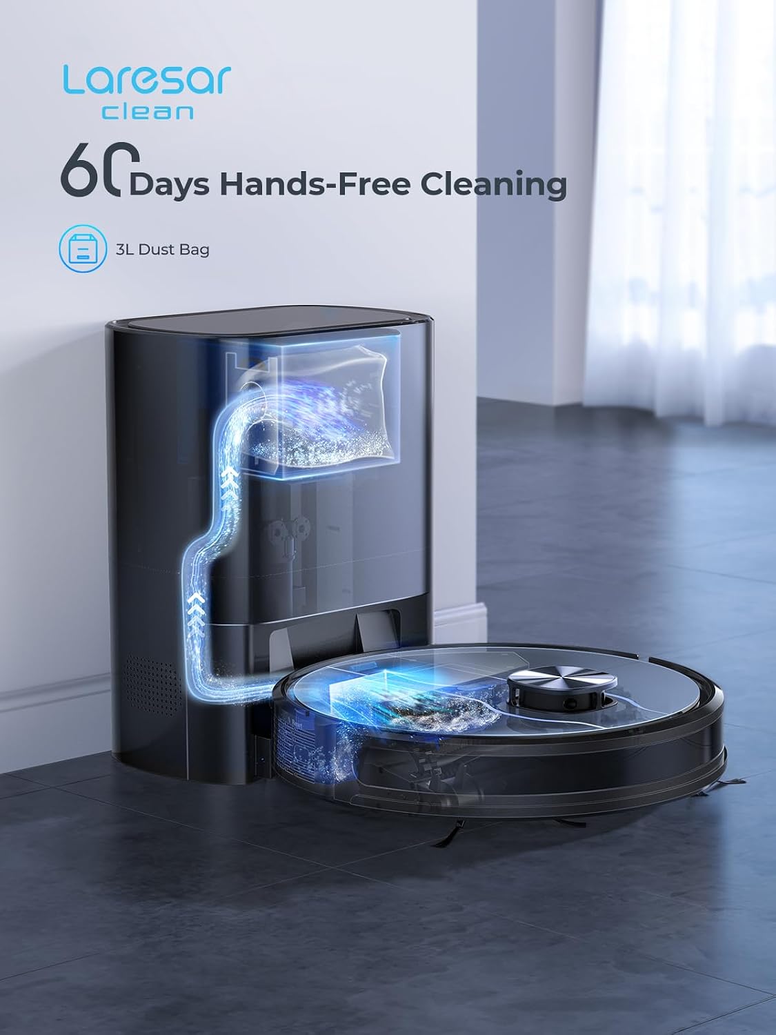 Laresar Clean Robot Vacuum and Mop, 8000Pa Robotic Vacuum with Self-Emptying Base, Lidar Navigation, Smart Mapping, 60 Days Capacity, 180mins Runtime, Ideal for Pet Hair, Hard Floor, Carpets