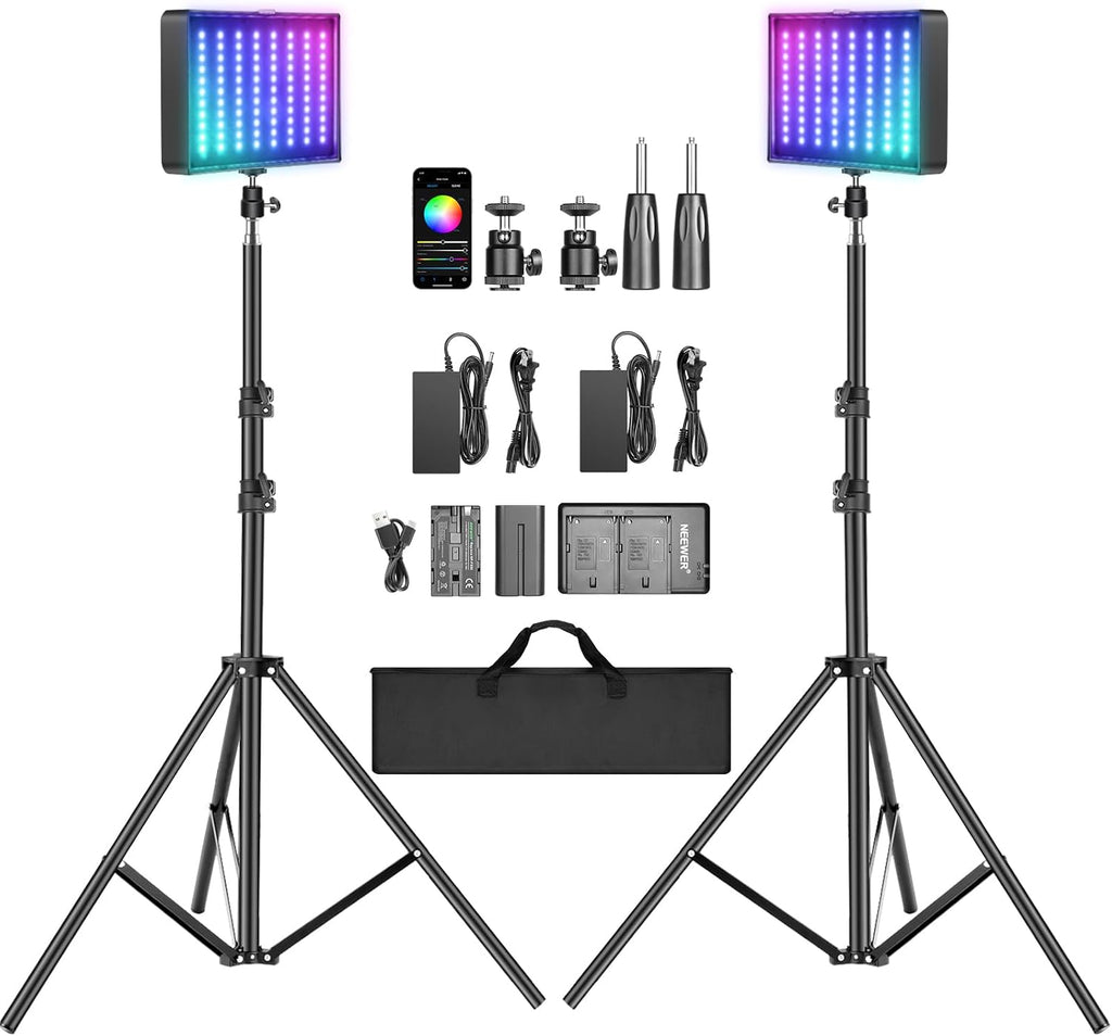 NEEWER 2 Pack RGB Video Light with Tripod Stands NP-F550 Batteries, Studio LED Panel Key Lighting Kit for Game Streaming YouTube Recording Photography Photoshoot Podcast, APP Control/CRI97+, RGB-P280
