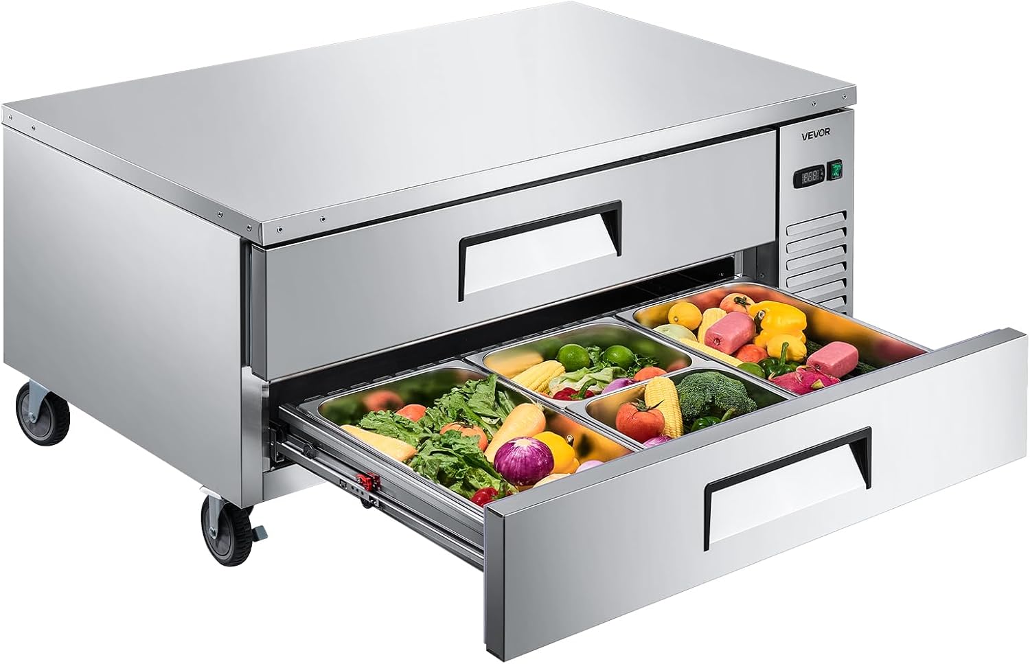 VEVOR Chef Base Refrigerator, 52' W Commercial Chef Bases Worktop Refrigerators, 2-Drawer Under Counter Fridge with 8 Pans Stainless Steel, Heavy-Duty Refrigerated Base, Invisible Door Handle
