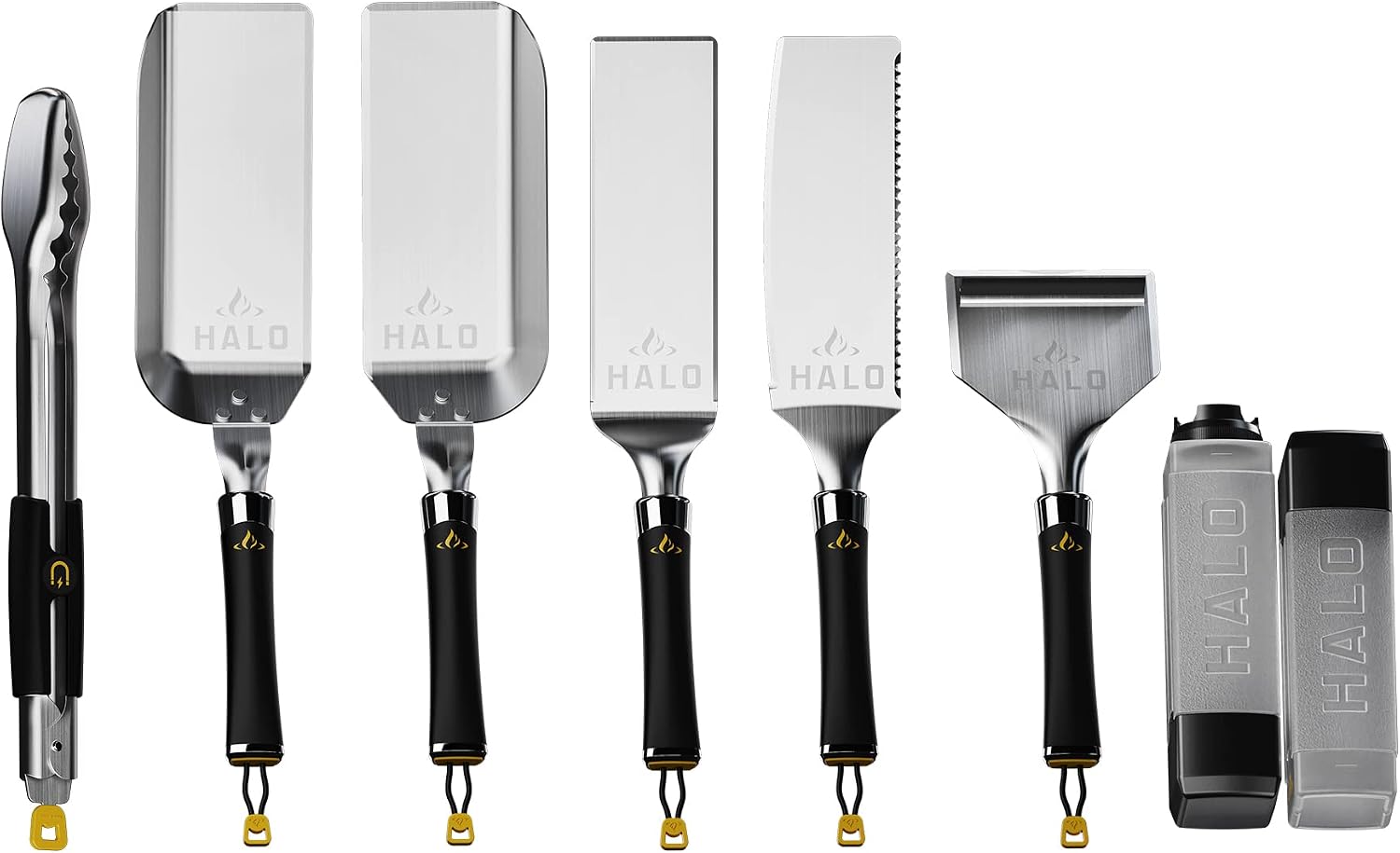 HALO Elite 8-Piece Ultimate Griddle Kit | 2 Scoop Spatulas, 2 Spatulas, Scraper Squeegee, Tongs, 2 Squeeze Bottles | Stainless Steel Accessories with Magnetic Handles | HZ-3025