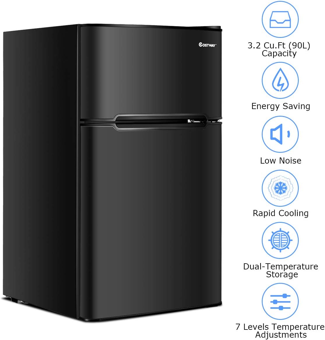 COSTWAY Mini Fridge with Freezer, 3.2 Cu.ft. 2-Door Mini Freezer Cooler Fridge w/Reversible Door, Removable Glass Shelves, Mechanical Control, Small Refrigerator for Bedroom, Dorm, Office (Black)