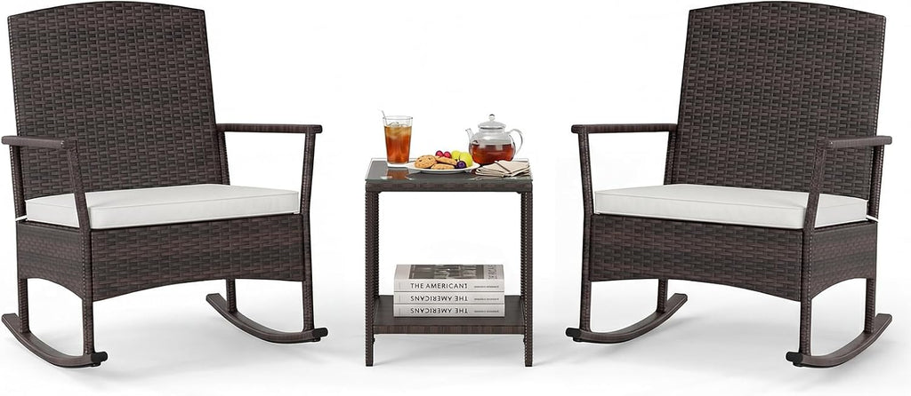 Tangkula 3 Pieces Rocking Wicker Bistro Set, Outdoor Front Porch Rocker Chairs Conversation Set with 2-Tier Tempered Glass Coffee Table and Thick Cushions for Garden, Balcony, Poolside (Off White)