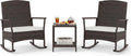 Tangkula 3 Pieces Rocking Wicker Bistro Set, Outdoor Front Porch Rocker Chairs Conversation Set with 2-Tier Tempered Glass Coffee Table and Thick Cushions for Garden, Balcony, Poolside (Off White)