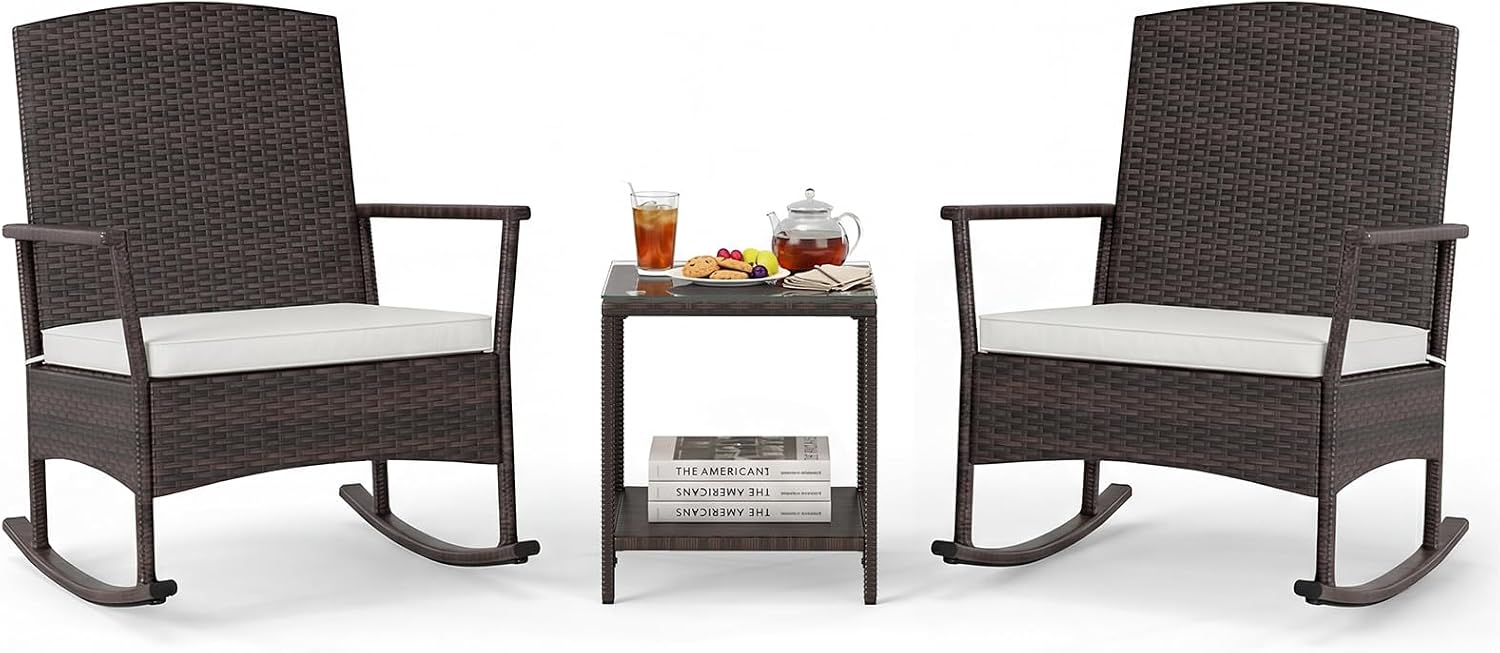Tangkula 3 Pieces Rocking Wicker Bistro Set, Outdoor Front Porch Rocker Chairs Conversation Set with 2-Tier Tempered Glass Coffee Table and Thick Cushions for Garden, Balcony, Poolside (Off White)