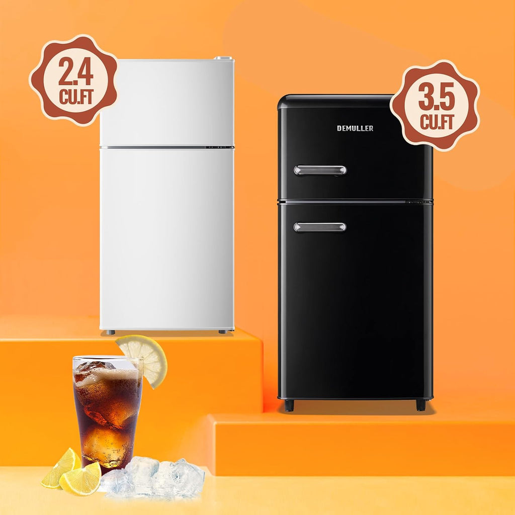 DEMULLER Small Refrigerator Mini Fridge with Double Doors & Separate Freezer & 7 Adjustable Temperature Control, Tiny Size & Personal Fridge Ideal for Office Apartment Dorm White