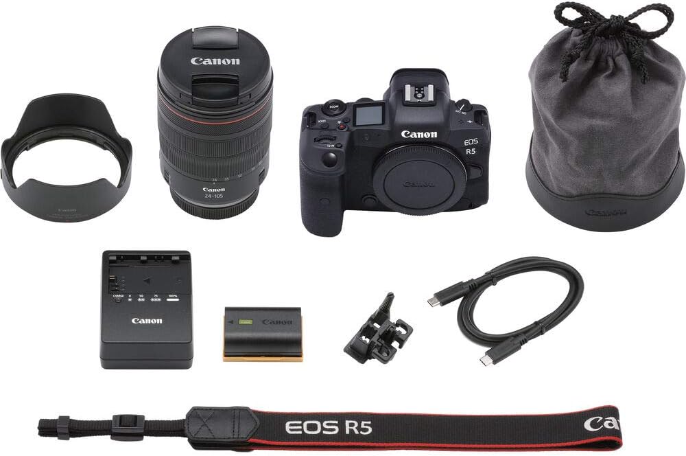 Canon EOS R5 Mirrorless Digital Camera (Body Only) (4147C002) + 2 x 64GB Memory Card + Case + Corel Software + 3 x LPE6 Battery + External Charger + Card Reader + Light + HDMI Cable + More