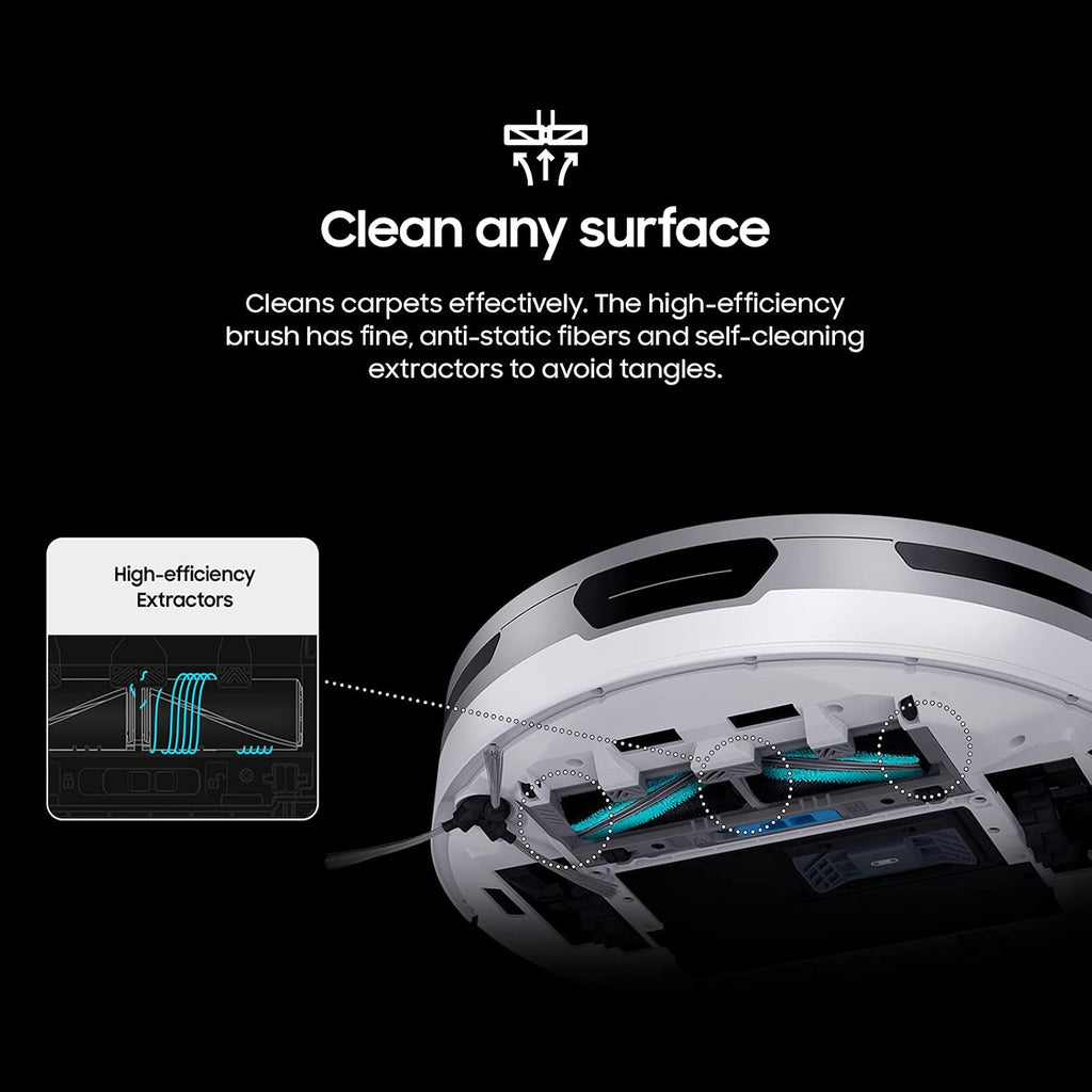 SAMSUNG Jet Bot Robot Cordless Vacuum Cleaner w/ Intelligent Power Control, Precise Navigation, Multi Surface Cleaning for Hardwood Floors, Carpets, Rugs, Anti Hair, VR30T80313W/AA, White