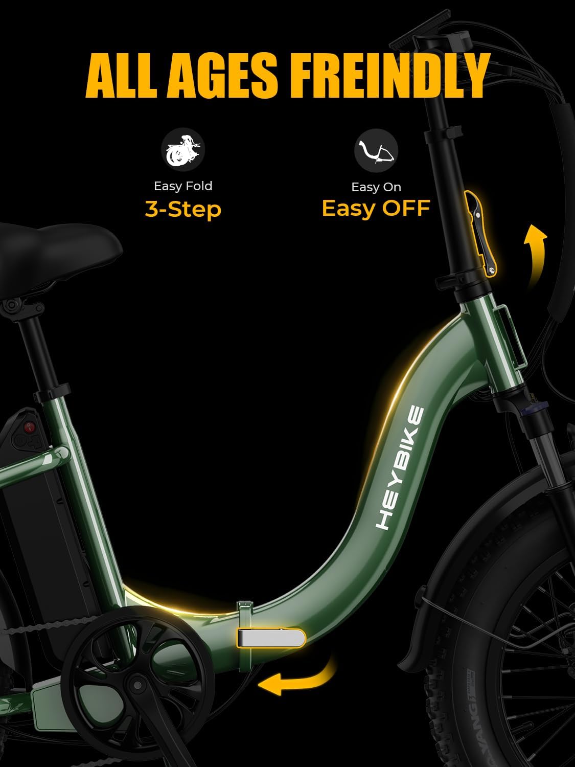 Heybike Ranger 2.0 Foldable Electric Bike for Adults, 20'*4 Fat Tire Ebike with 1400W Peak Motor, 28 MPH Max Speed, 600Wh Removable Battery, Up to 65 Miles Range, Front Suspension Step-Thru E Bike