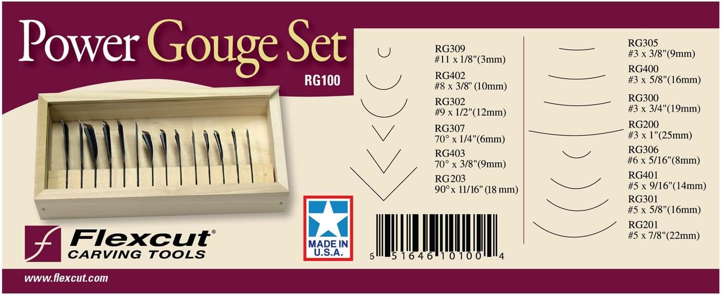 Flexcut Carving Tools | Power Gouge Set of 14 | 1095 High Carbon Steel Blades | RG100 | Carving Kit Made in the U.S.A