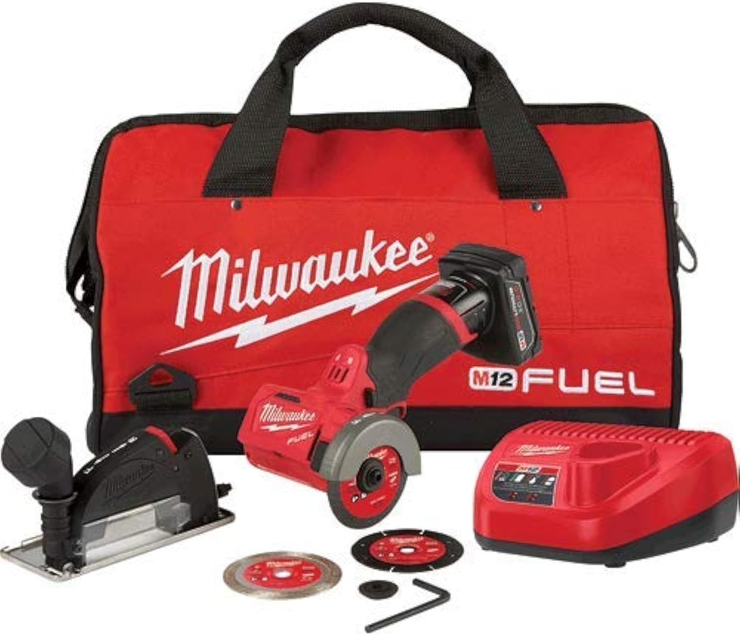 Milwaukee M12 FUEL 3' Compact Cut Off Tool Kit - 24V, 4Ah, 4A, 1.5E+3 RPM, 3' Max. Chuck Size, Black/Red