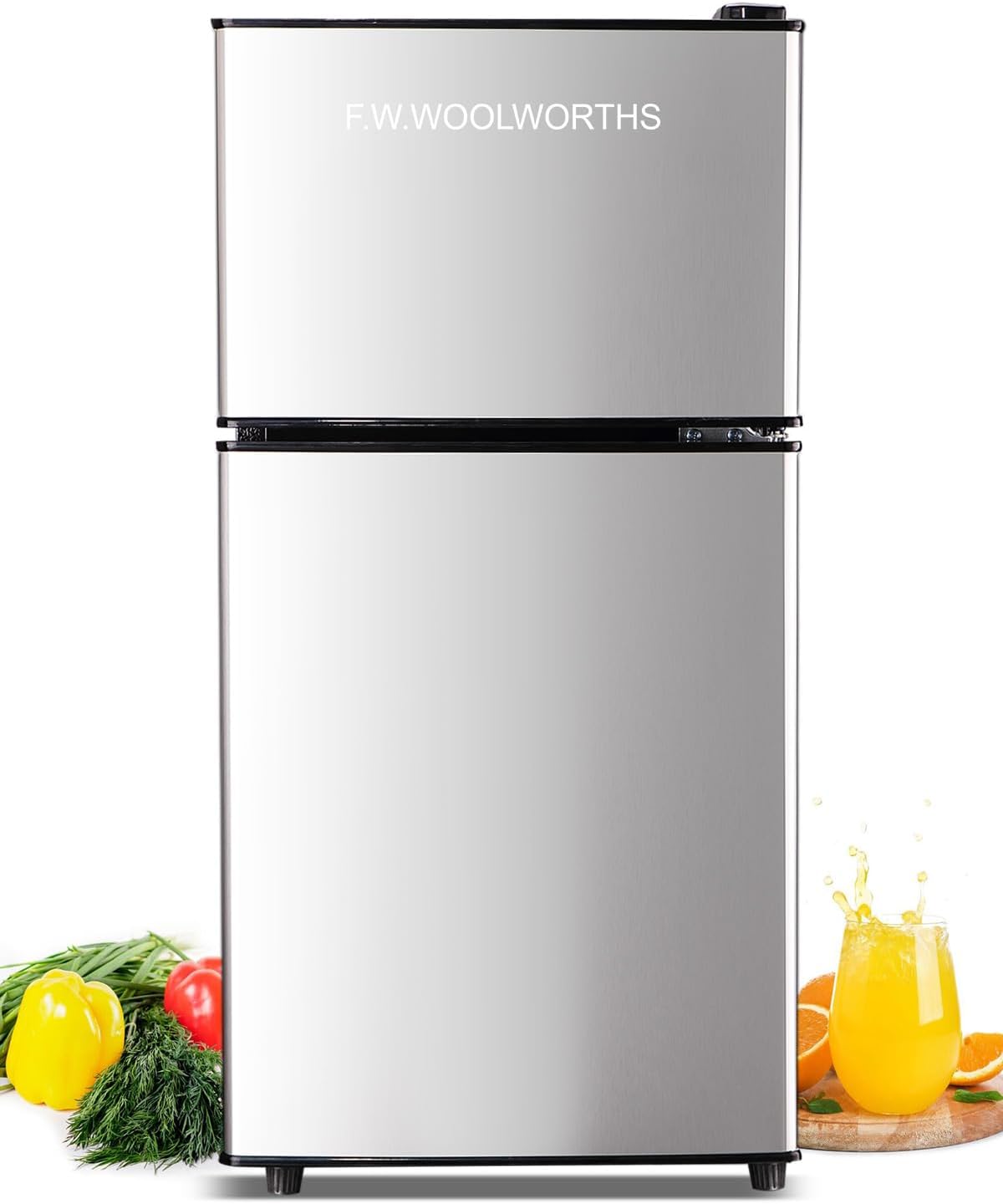 F.W.WOOLWORTHS 3.5 Cu.Ft Fridge with Freezer, Refrigerator with 2 Doors for Office, Kitchen, Dorm and Bedroom, Fridge with 7 Level Temp Adjustable Thermostat, Silver