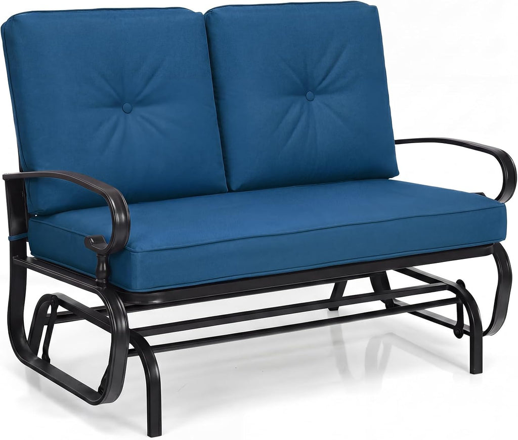 Giantex Outdoor Glider Bench, Patio 2 Person Loveseat with Removable Cushion, Thick Padded Seat, Stable Steel Frame, Outside Glider Swing Chair for Deck, Poolside, Yard, Porch Glider (Blue)