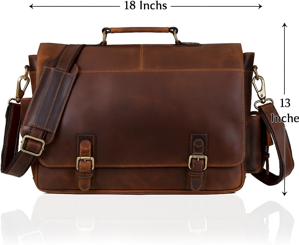 18-Inch Brown Premium Leather Messenger Bag for Men & Women - Briefcase, Camera & Laptop, Crossbaody, Handbag, Shoulder, Travel Bag