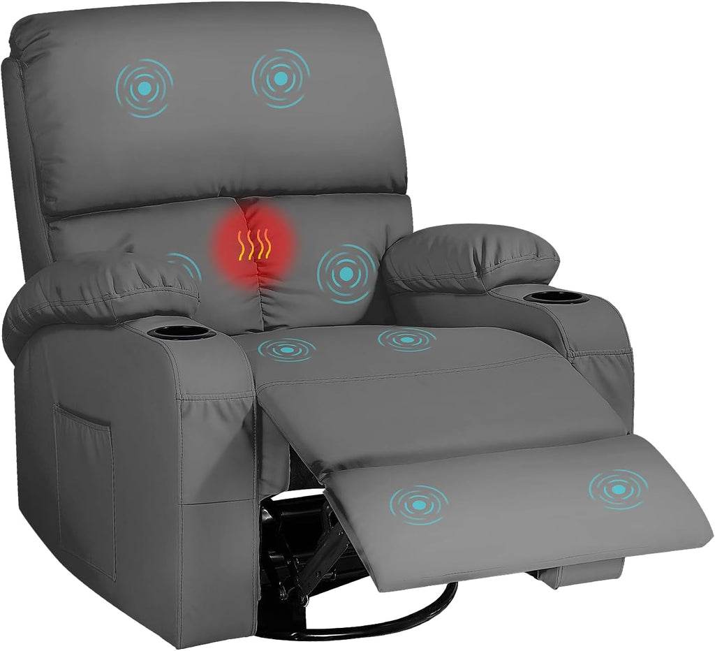 LAFWELL Rocking Recliner Chair, Massage Rocker Recliner Chair with Vibration Massage and Heat, 360° Swivel Faux Leather Chairs, Living Room, Bedroom, Nursery, RV, Dark Gery