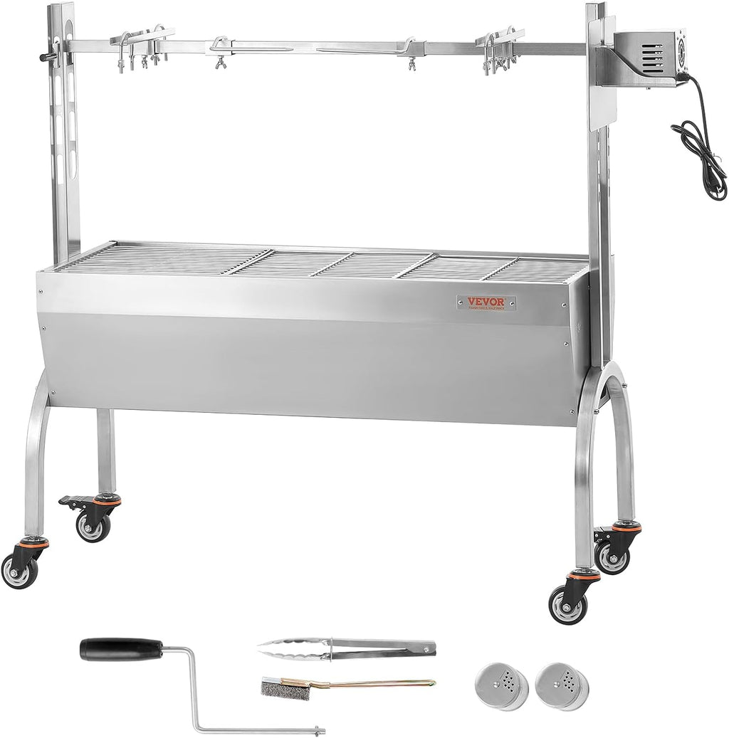 VEVOR Rotisserie Grill, BBQ Whole Pig Lamb Goat Charcoal Spit Grill, 46 Inch 132 Lbs Capacity, Electric 52W Motor Stainless Steel Rotisserie Roaster with Lockable Wheels, for Camping Outdoor