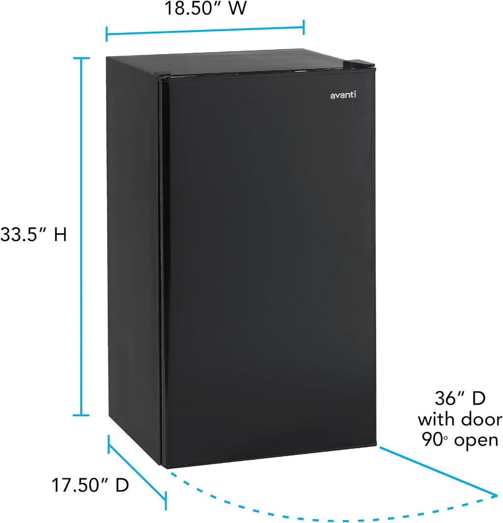 Avanti 3.3 Cu. Ft. Mini Fridge Compact Refrigerator with Adjustable Temperature, Removable Shelves, Chiller Compartment wiith Flush-Back Design, 3.3 cu.ft., Black
