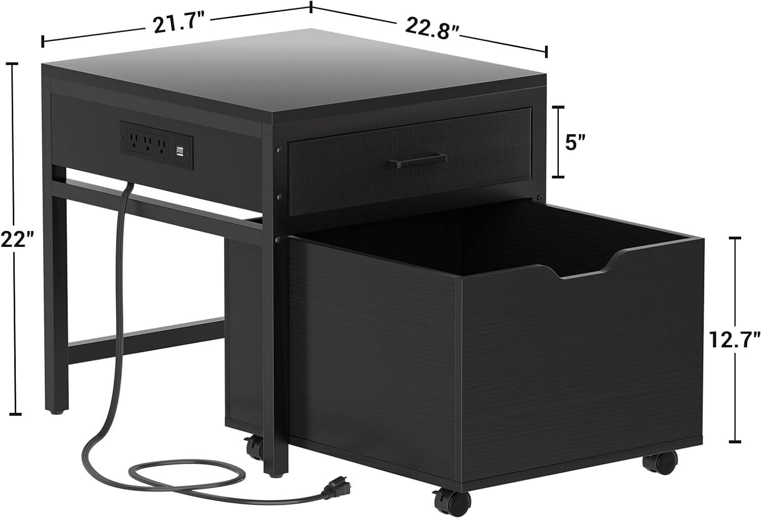 Unikito Mini Fridge Stand with Drawer Storage and Power Outlet, Heavy Duty Mobile Mini Fridge Shelf with Lockable Wheels, Beverage Refrigerator Table Stand, 22.8' L x 21.6' W, Max Load 300 LBS, Black