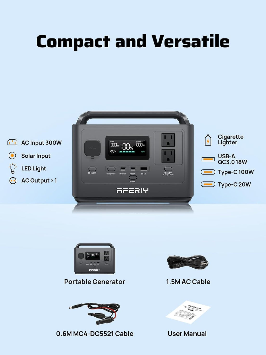 AFERIY Portable Power Station 800W Peak/400W Rated,45min Fast Charging, 80000mAh/256Wh LiFePO4 Battery, 10ms UPS, Solar Powered Power Bank with AC Outlet 120V for Camping, Outdoor, Emergency,Home Use