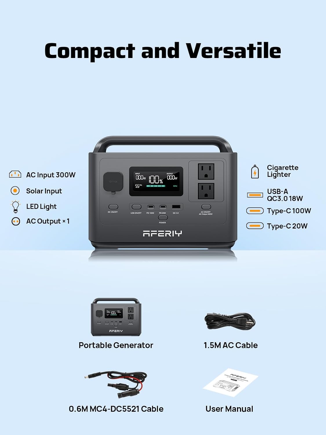 AFERIY Portable Power Station 800W Peak/400W Rated,45min Fast Charging, 80000mAh/256Wh LiFePO4 Battery, 10ms UPS, Solar Powered Power Bank with AC Outlet 120V for Camping, Outdoor, Emergency,Home Use