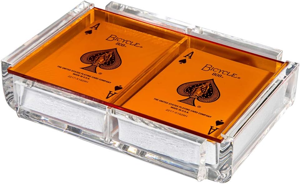 Modern Elegant Playing Card Deck Holder Tray with 2 Decks of Playing Cards in Unique Stylish Deluxe Acrylic Box with Color lid (Orange)