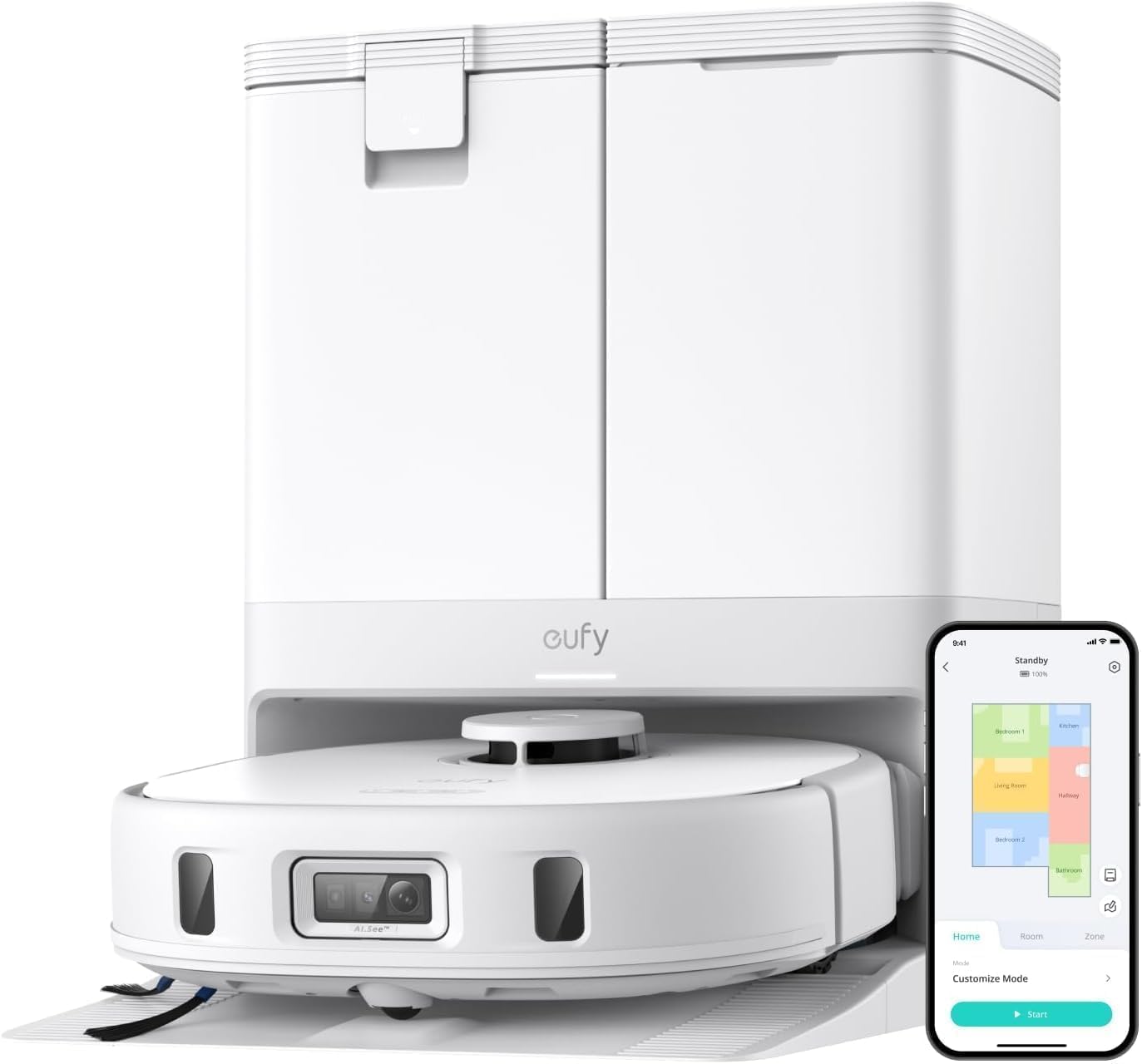 eufy Certified Like-New X10 Pro Omni Robot Vacuum and Mop Combo, 8000Pa Suction, Dual Mops with 12mm Auto-Lift, AI Obstacle Avoidance, Auto Washing & Drying, Self-Emptying, White (Renewed)