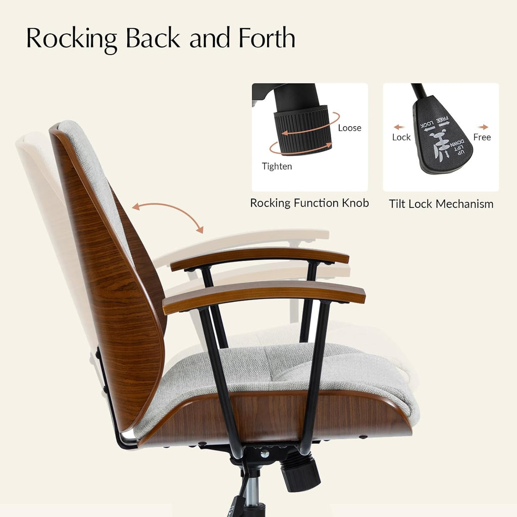 HULALA HOME Solid Wood Office Chair with Rocking Function, Comfy Fabric Desk Chair with Bent Wood and Metal Base, Height Adjustable Swivel Computer Task Chair, Grey
