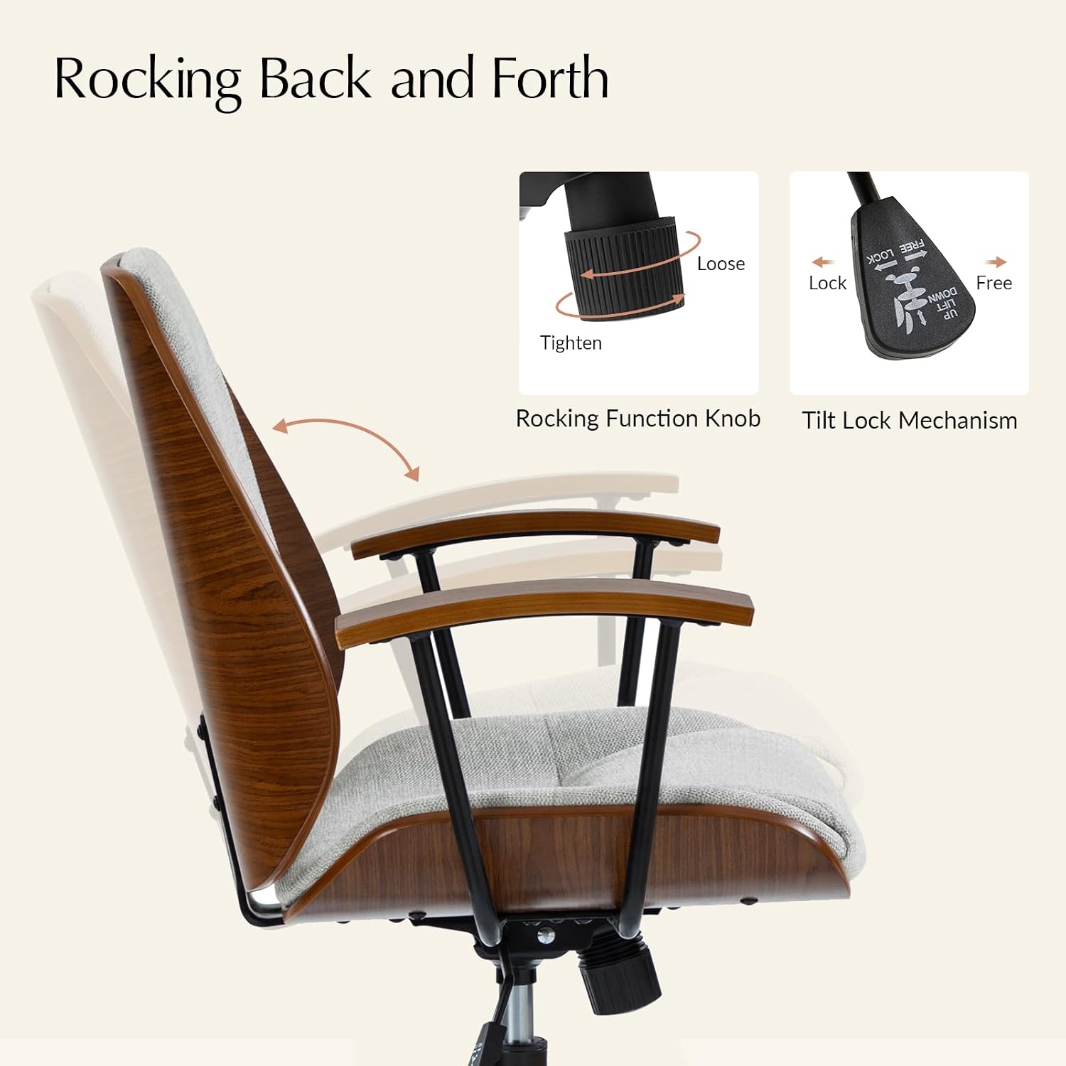HULALA HOME Solid Wood Office Chair with Rocking Function, Comfy Fabric Desk Chair with Bent Wood and Metal Base, Height Adjustable Swivel Computer Task Chair, Grey