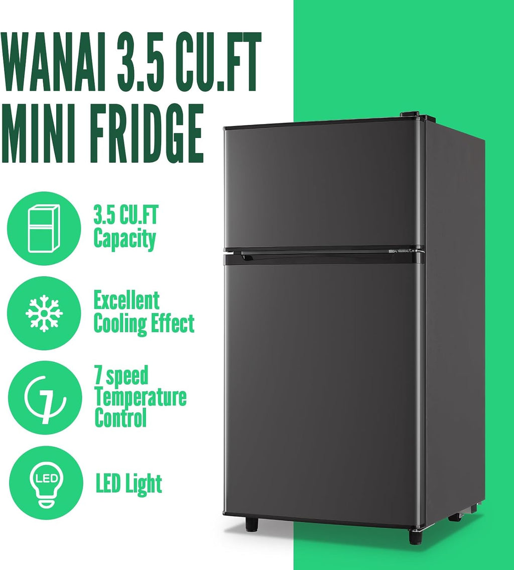 WANAI Mini Fridge with Freezer, 3.5 cubic feet 2- Doors Small Refrigerator Features 7 Gear Mechanical Control, Side Bottle Rack, LED Light, 2 Glass Removable Shelves, Crisper Drawer, Dark Grey