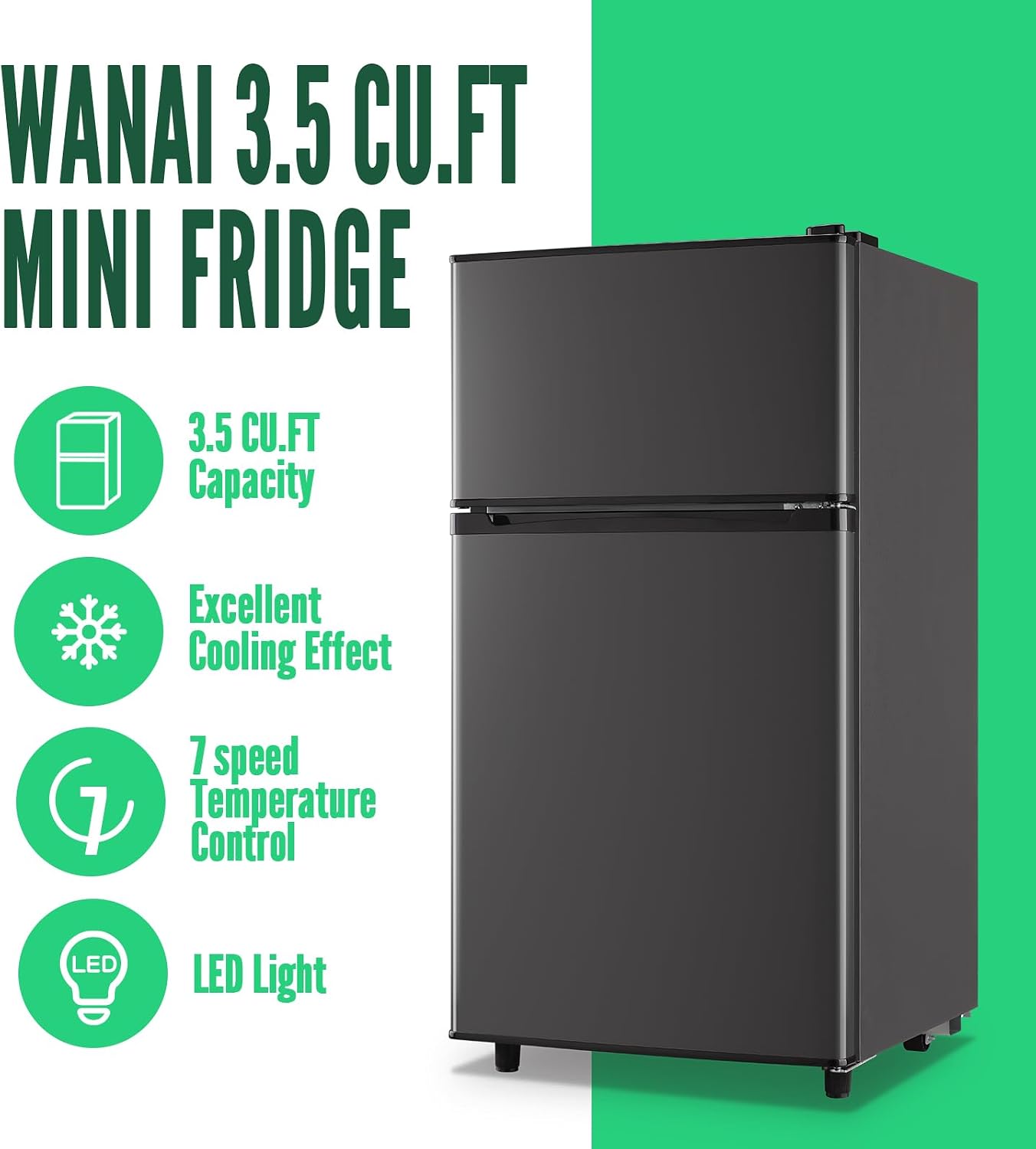 WANAI Mini Fridge with Freezer, 3.5 cubic feet 2- Doors Small Refrigerator Features 7 Gear Mechanical Control, Side Bottle Rack, LED Light, 2 Glass Removable Shelves, Crisper Drawer, Dark Grey