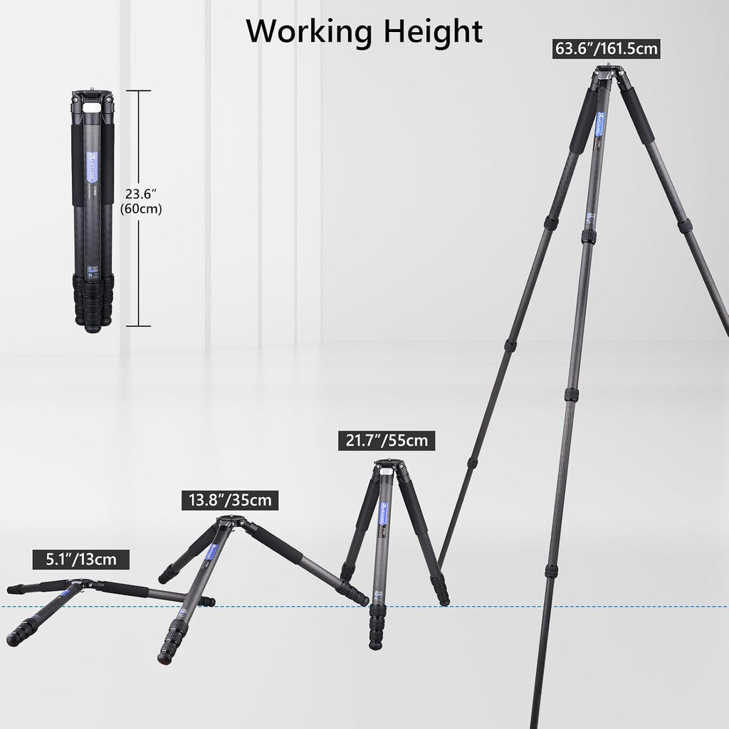 ARTCISE Heavy Duty 40mm Max Leg Tube Carbon Tripod Compact Carbon Fiber Travel Tripod 63.6in/162cm Height Stable Lightweight Stand for DSLR Video Camera Max Load 40kg