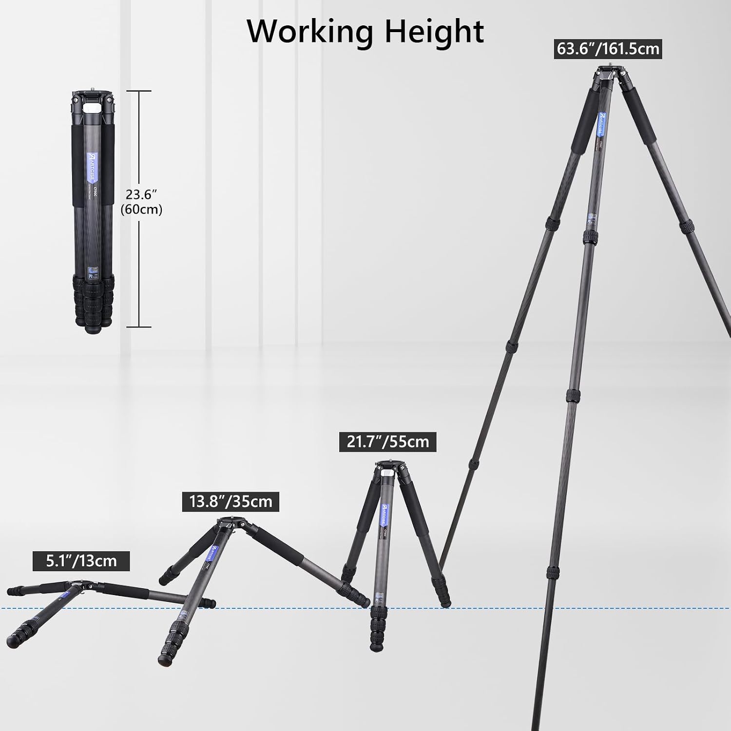 ARTCISE Heavy Duty 40mm Max Leg Tube Carbon Tripod Compact Carbon Fiber Travel Tripod 63.6in/162cm Height Stable Lightweight Stand for DSLR Video Camera Max Load 40kg