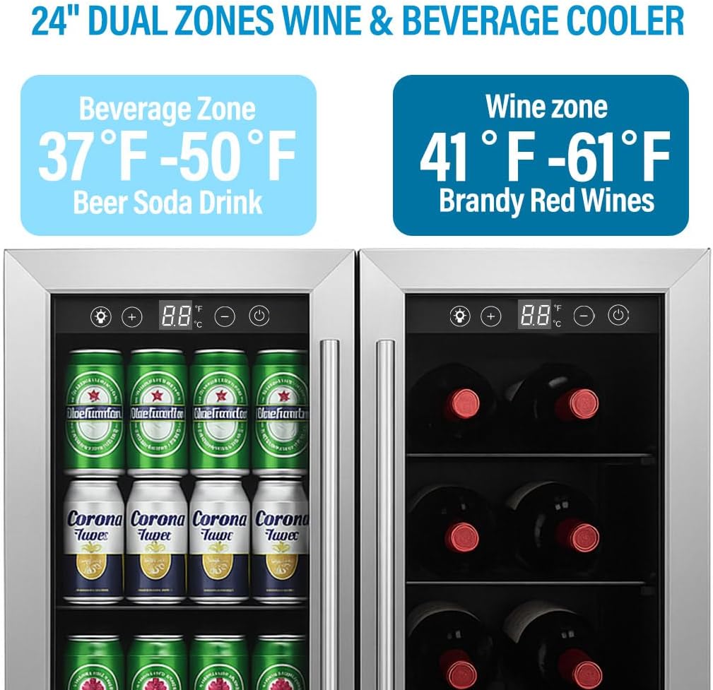 Erivess 24 inch Dual Zone Wine and Beverage Refrigerator Cooler, 5.4 Cubic/176 Can Large Fridge with Glass Front Door, Beer or Wine,Small Refrigerator with Adjustable Shelves and Digital Display